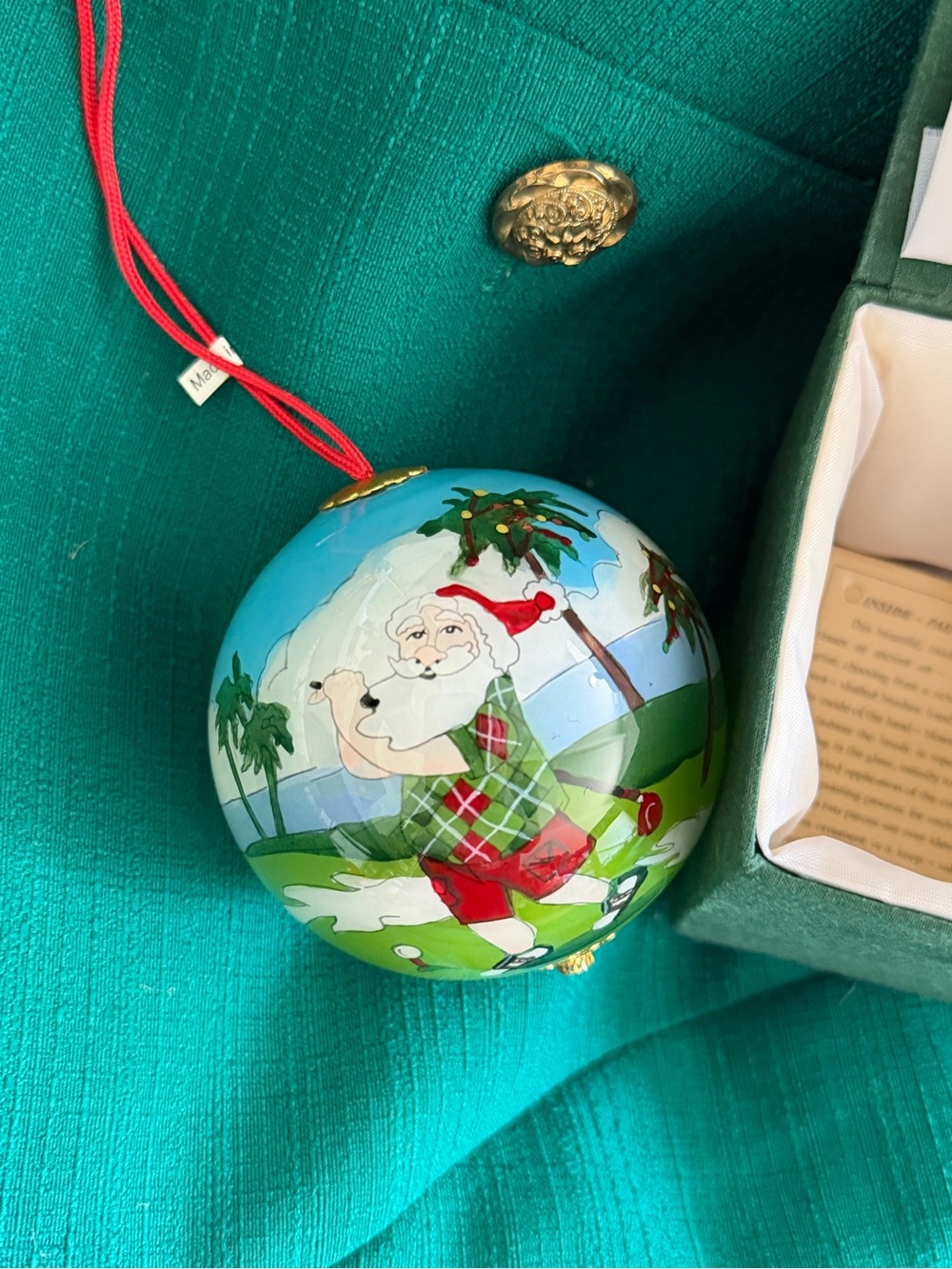 Hand-Painted Golf Santa Holiday Ornament - Green and Red